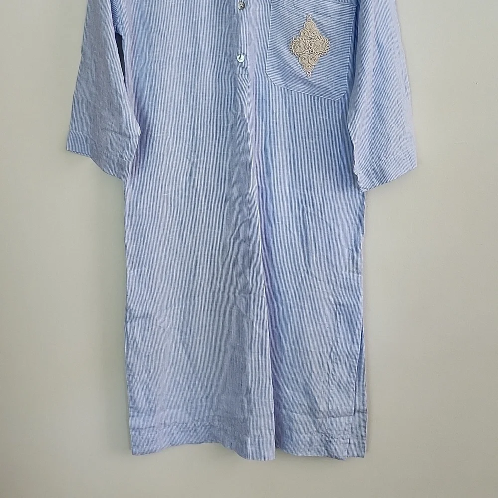 Soft Surroundings Linen Maxi Dress Blue White Striped Embroidered Side Slits S - Picture 3 of 11